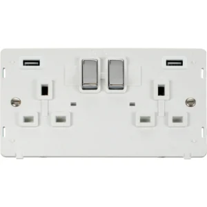 Polished Chrome 13A Ingot 2 Gang Switched Socket Outlet With Twin 2.1A USB Outlets Polar White Insert
