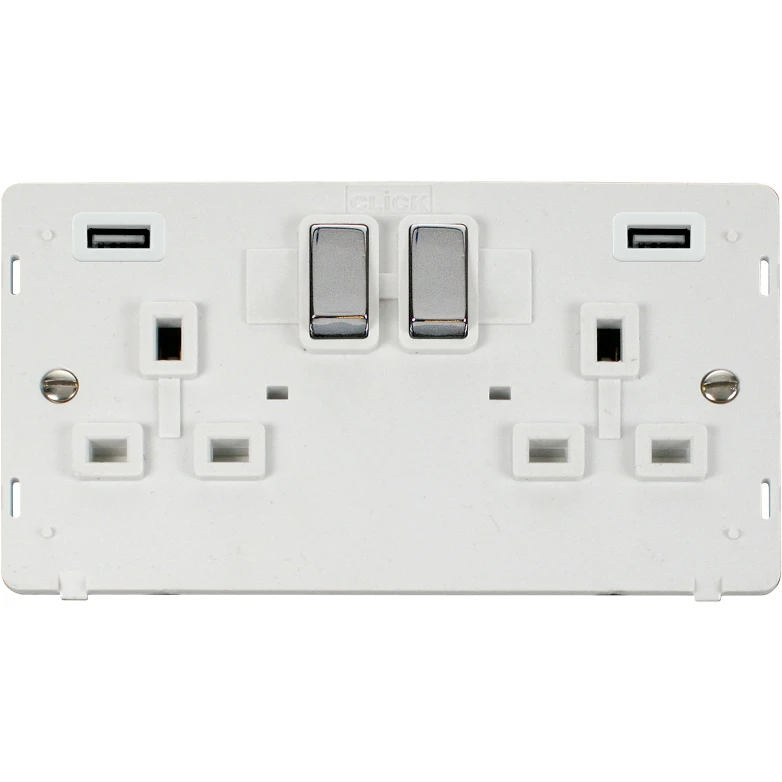 Polished Chrome 13A Ingot 2 Gang Switched Socket Outlet With Twin 2.1A USB Outlets Polar White Insert - Image 2