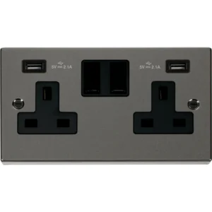 Victorian Black Nickel Black Insert 13A 2 Gang Switched Socket Outlet With Twin USB (Total 4.2A) Outlets