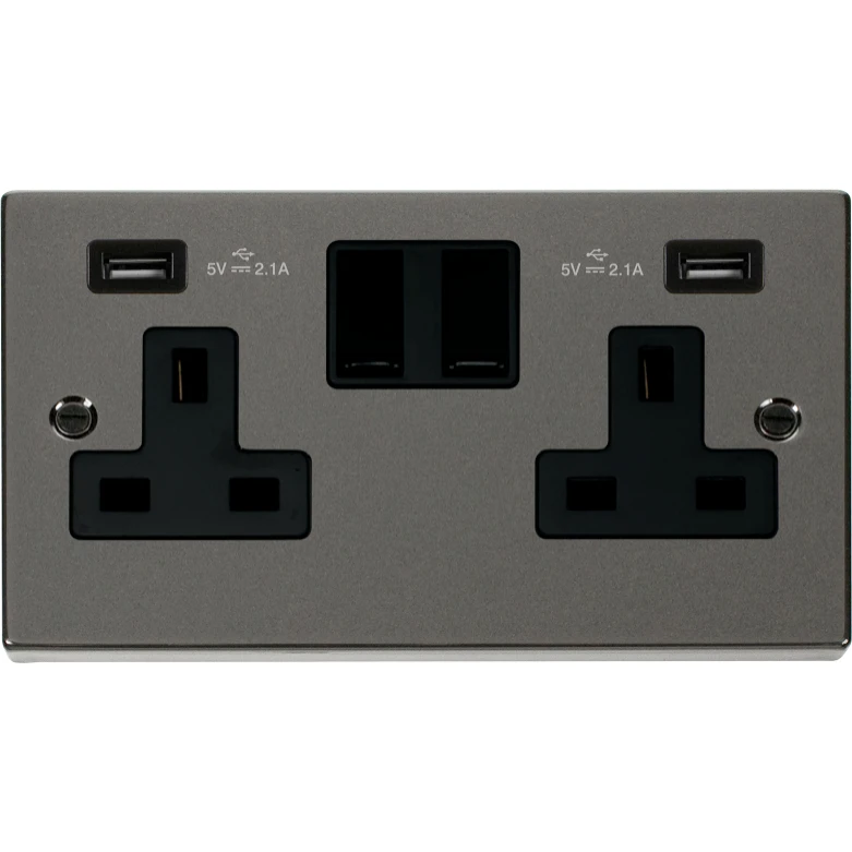 Victorian Black Nickel Black Insert 13A 2 Gang Switched Socket Outlet With Twin USB (Total 4.2A) Outlets - Image 2