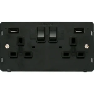 Black Screwless Insert 13A 2 Gang Switched Socket Outlet With Twin 2.1A USB Outlets Insert