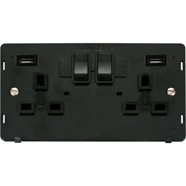 Black Screwless Insert 13A 2 Gang Switched Socket Outlet With Twin 2.1A USB Outlets Insert