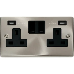 Victorian Satin Chrome Black Insert 13A 2 Gang Switched Socket Outlet With Twin USB (Total 42A) Outlets