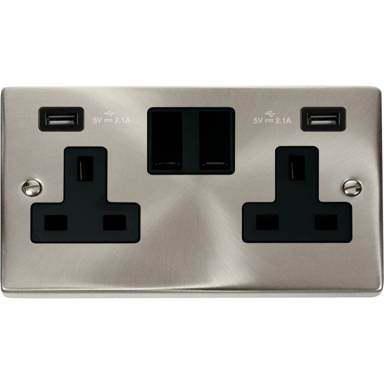 Victorian Satin Chrome Black Insert 13A 2 Gang Switched Socket Outlet With Twin USB (Total 42A) Outlets - Image 2
