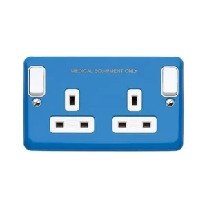 MK Socket 2 Gang Switched Double Pole Clean Earth 13A Blue Engraved Medical
