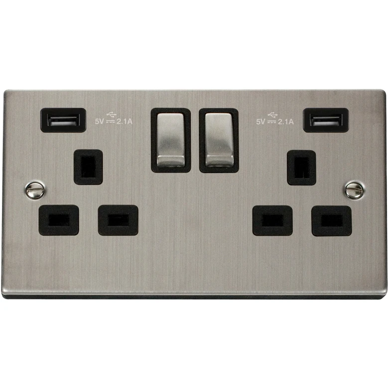 Victorian Stainless Steel Black Insert 13A Ingot 2 Gang Switched Socket Outlet With Twin USB (Total 42A) Outlets