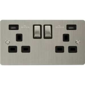 Stainless Steel 13A Ingot 2 Gang Switched Socket Outlet With Twin USB (Total 4.2A) Outlets