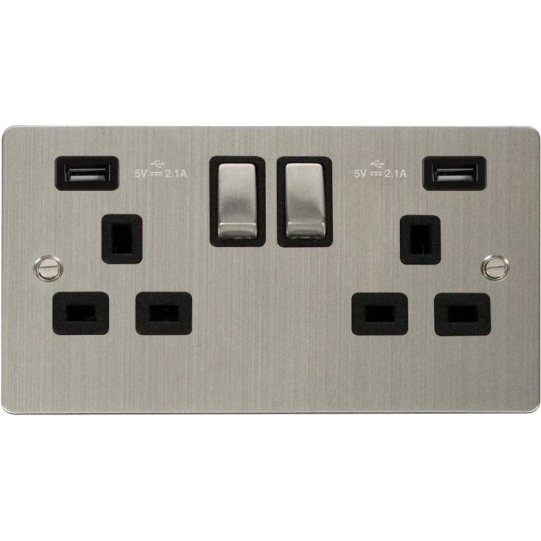 Stainless Steel 13A Ingot 2 Gang Switched Socket Outlet With Twin USB (Total 4.2A) Outlets