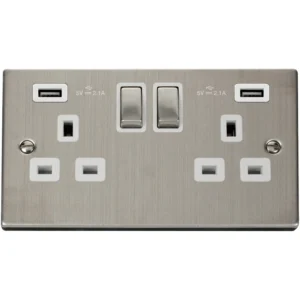 Victorian Stainless Steel White Insert 13A Ingot 2 Gang Switched Socket Outlet With Twin USB (Total 42A) Outlets