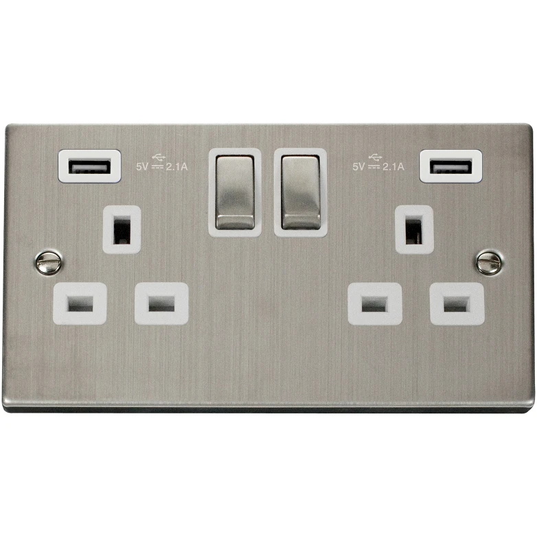 Victorian Stainless Steel White Insert 13A Ingot 2 Gang Switched Socket Outlet With Twin USB (Total 42A) Outlets - Image 2