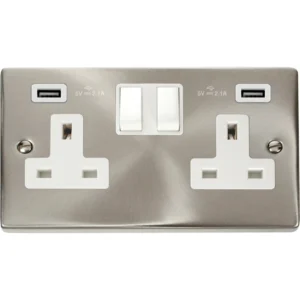Victorian Satin Chrome White Insert 13A 2 Gang Switched Socket Outlet With Twin USB (Total 42A) Outlets