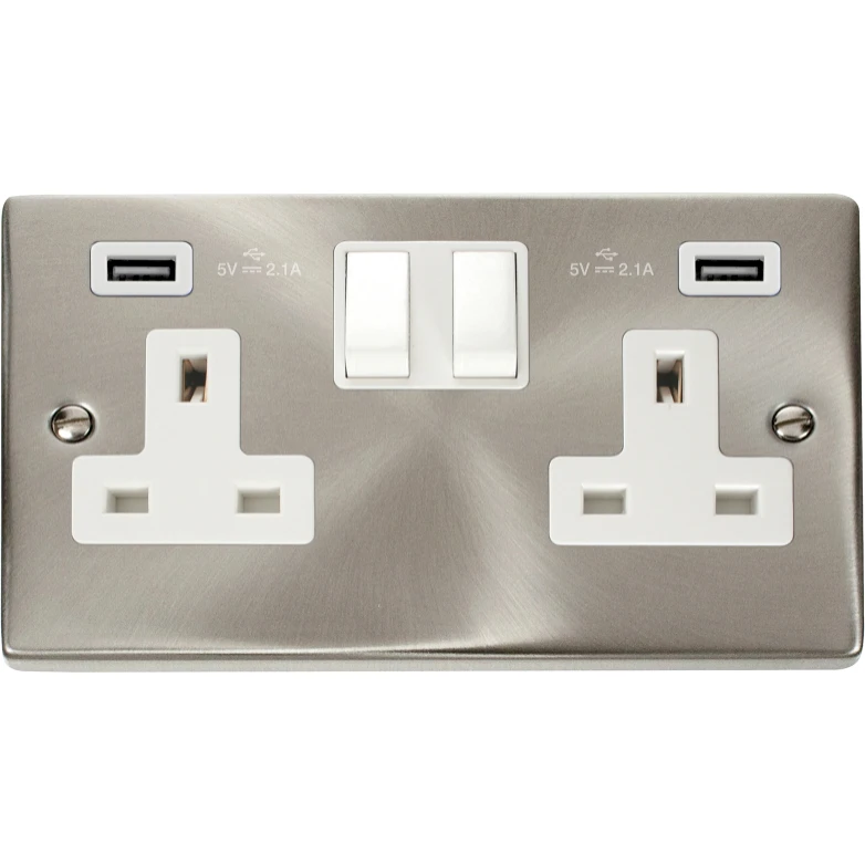 Victorian Satin Chrome White Insert 13A 2 Gang Switched Socket Outlet With Twin USB (Total 42A) Outlets - Image 2