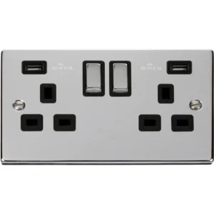 Deco Polished Chrome Ingot 2 Gang 13A 2x USB-A 4.2A Switched Socket Black Insert