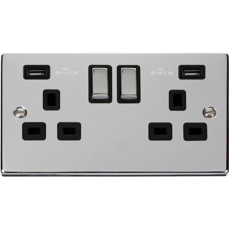 Deco Polished Chrome Ingot 2 Gang 13A 2x USB-A 4.2A Switched Socket Black Insert