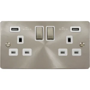 Socket Ingot 2 Gang Switched USB 13A 2 x 2.1A Brushed Stainless Steel White