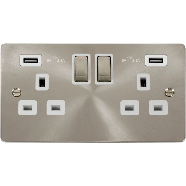 Socket Ingot 2 Gang Switched USB 13A 2 x 2.1A Brushed Stainless Steel White - Image 2
