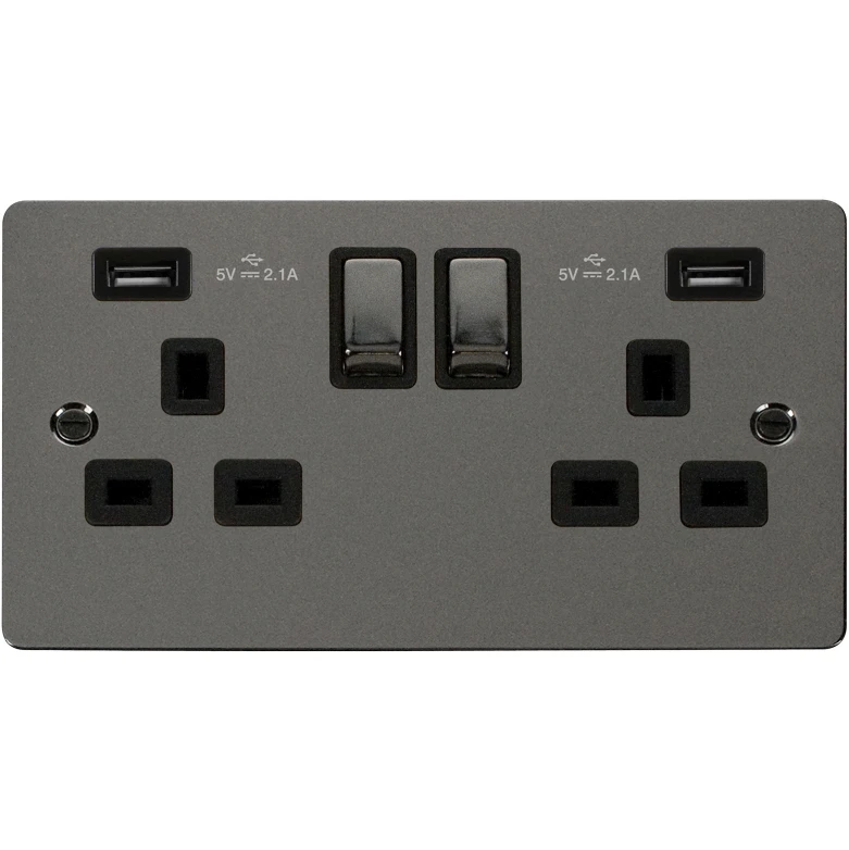 Socket Ingot 2G SWD Twin USB Outlet 13A 2X2.1A Black Nickel Black Insert