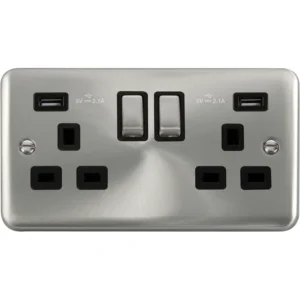 Socket Ingot 2 Gang Switched & Twin 2.1A USB Outlet 13A Satin Chrome Black Insert