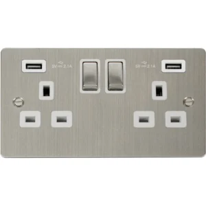 Stainless Steel 13A Ingot 2 Gang Switched Socket Outlet With Twin USB (Total 4.2A) Outlets