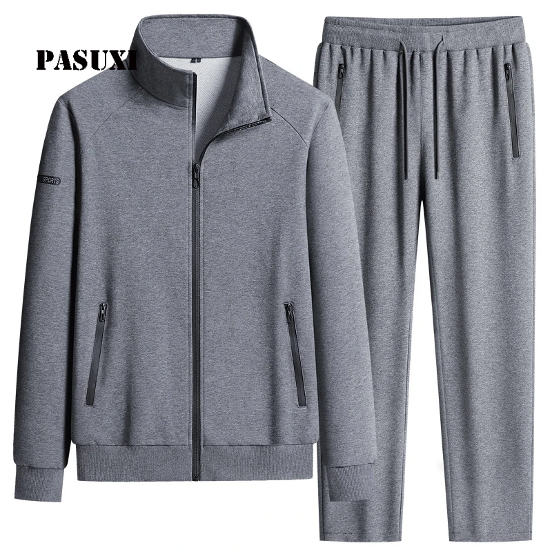 PASUXI Men's Plus Size Tracksuit Set Breathable Solid Color Fall Zip up Jacket Jogger Pants with Zipper Pockets Casual Sweatsuit