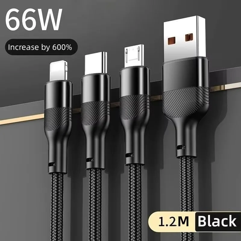 Multi Charging Cable 3 in 1 Nylon Braided Multi USB Cable Multiple Charger 66W 6A Fast Charging Cord for Mobile Phone Pack of 100 - Image 4