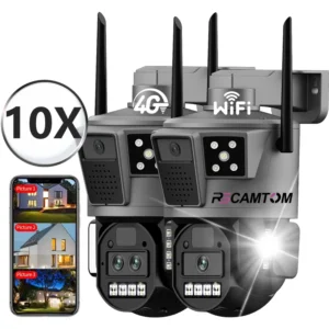 Rscamtom 6MP Outdoor Waterproof Three Screen 360 Wifi Camera 10X Zoom Motion Detection Alarm 4G Security Camera Night Vision Pack of 2