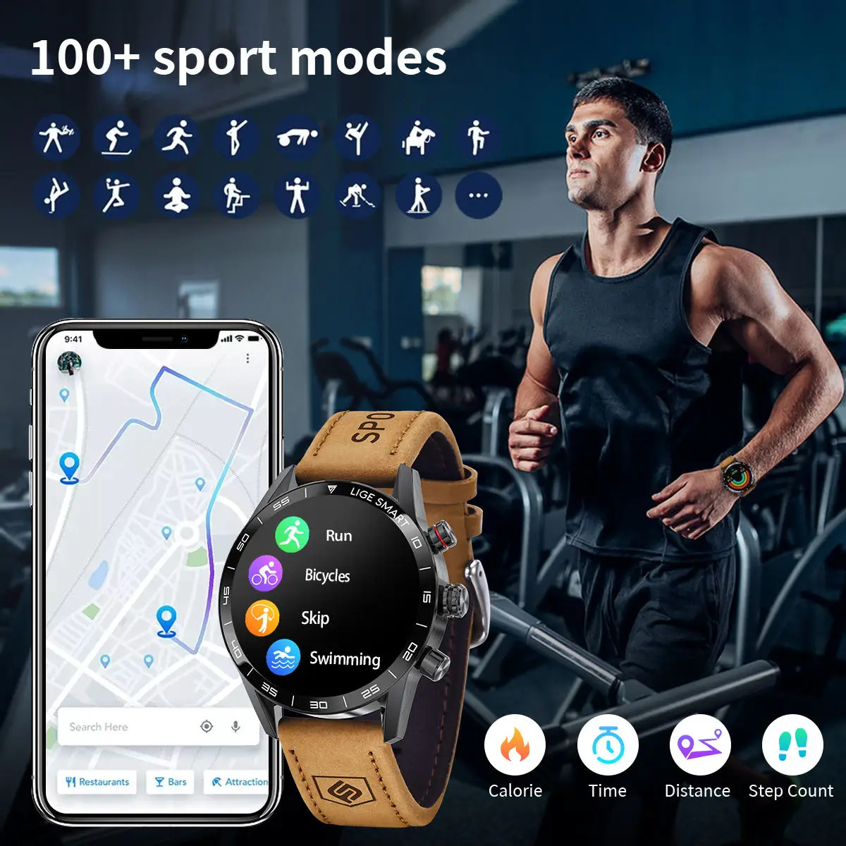 BW0408 Brown Genuine Leather Smart Watch Unisex IPS Display 1.32" IP67 Waterproof Fitness Tracker AI Voice Assistant Calendar - Image 4