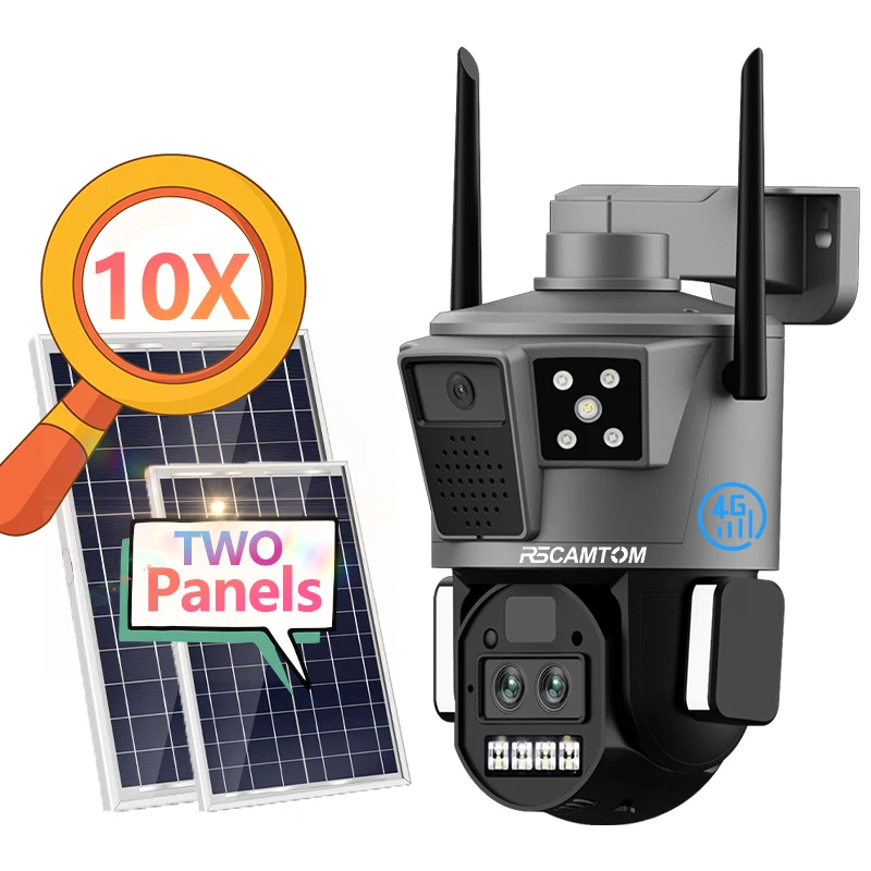 Rscamtom 3 Lens 6MP 4G Sim Card Security Camera 10X Zoom Motion Detection Alarm Solar Camera for Farm