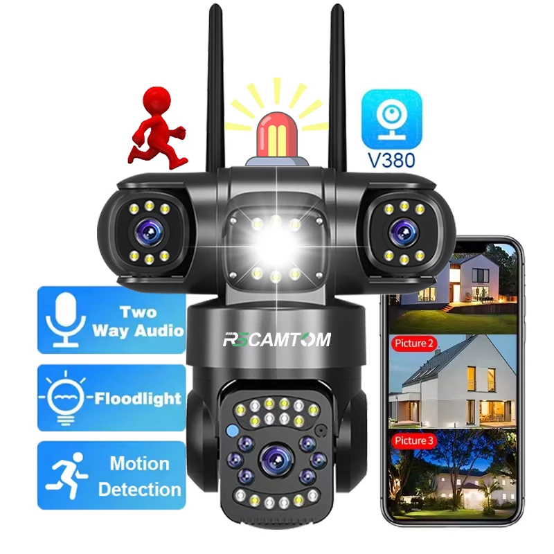 Rscamtom 6mp Outdoor Surveillance Camera Triple Screen 360 Degree Rotation Motion Detection 4g Wifi Camera Security