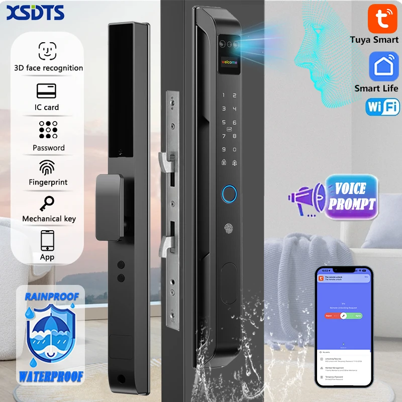 XSDTS DQ09 Smart Lock 3D Face Unlock Fingerprint Keyless Entry Door Lock WiFi Tuya Remote Control Waterproof for Outdoor Gate