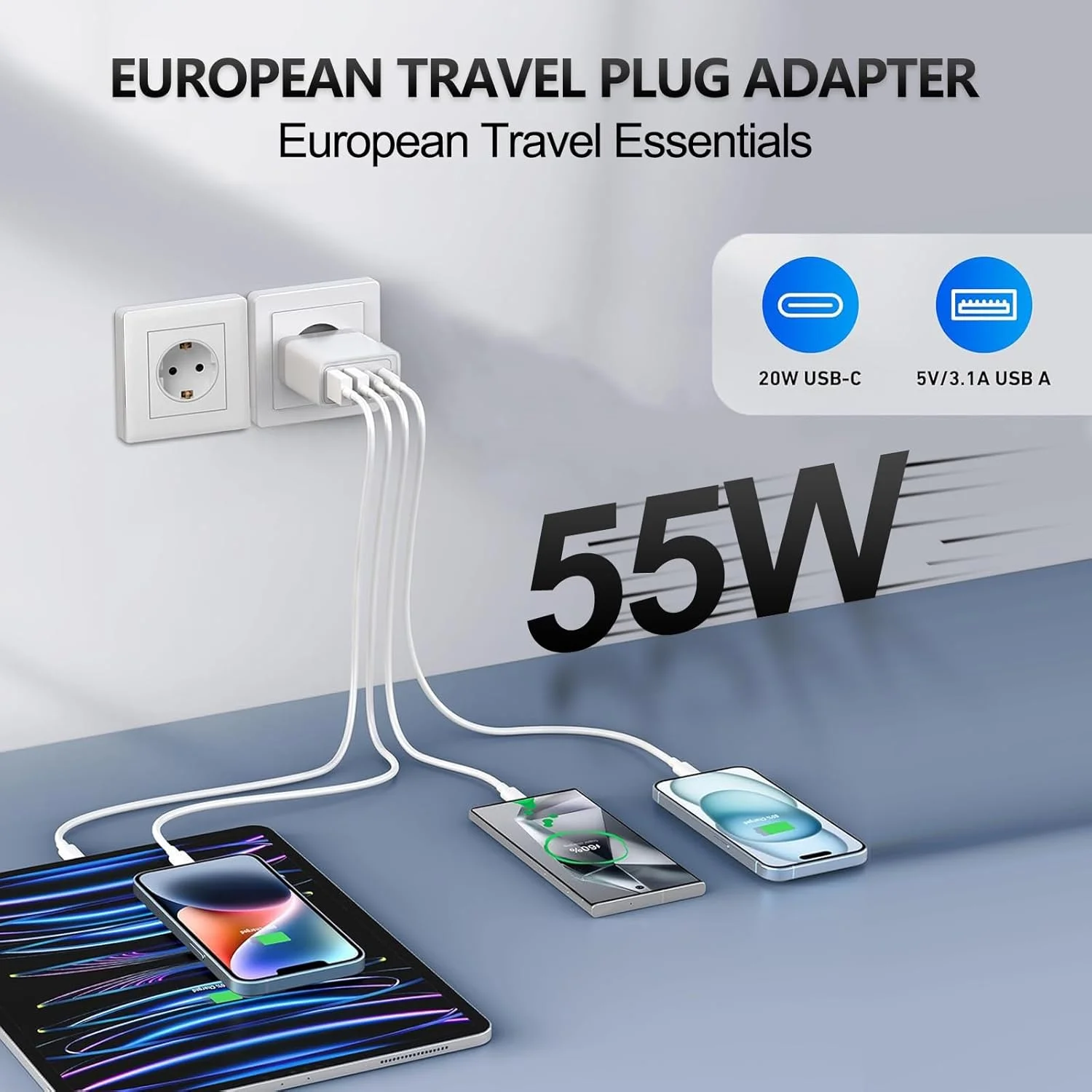 USB C Charger, 55 W Fast Charger 4 Ports Multiple Charger USB Plug, PD 3.0 Power Adapter USBC Power Supply for iPhone Samsung - Image 3
