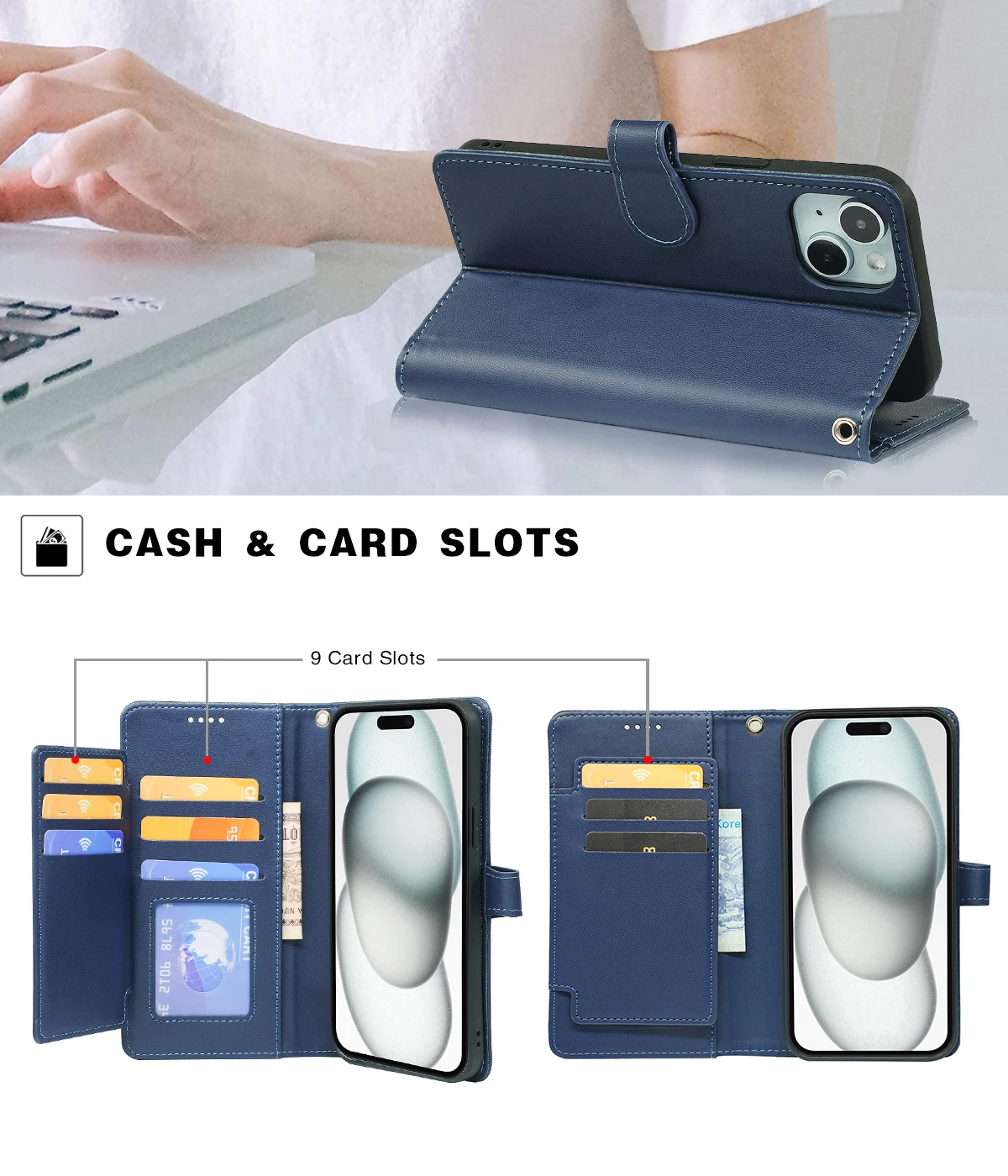 Leather Bag 9-card Slot Wallet Case 14 15 Plus 16 Pro Max Kickstand Magnetic Mobile Phone Flip Cover for iPhone 13 Pack of 2 - Image 3