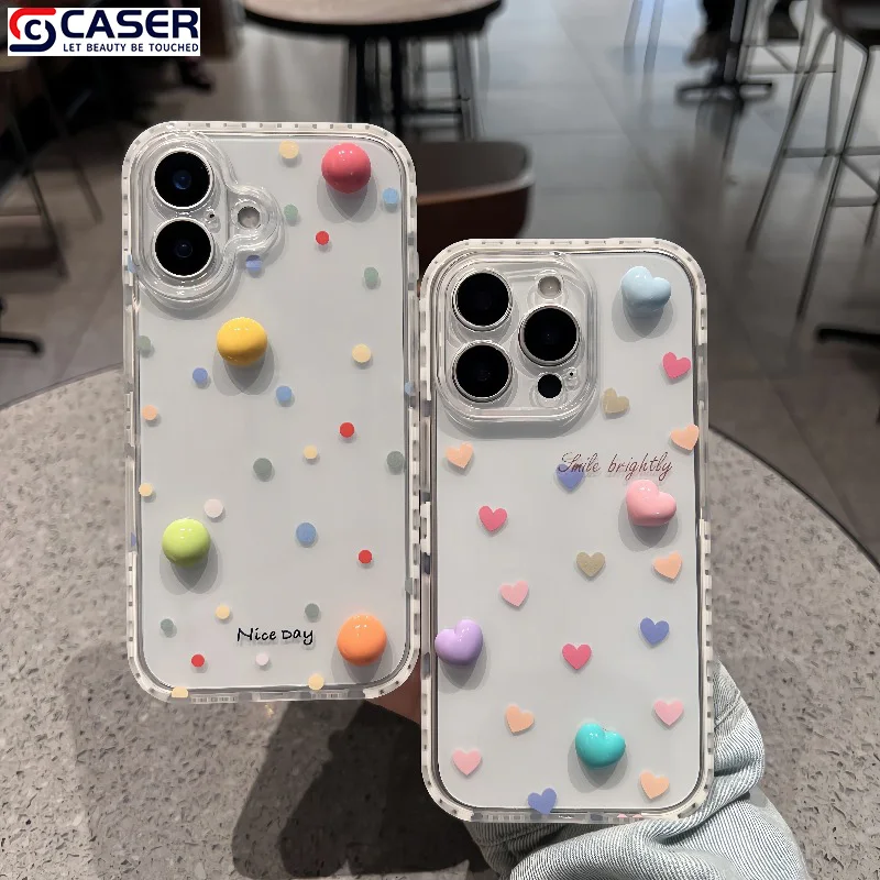 INS Cute Polka Dot Three-dimensional Rainbow love Heart Cell Phone Cover Fro iphone 16 15 14 Plus Pro Promax Pack of 10