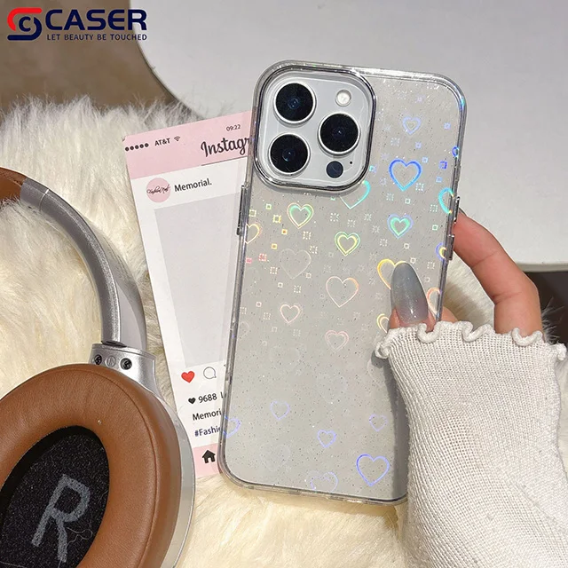 Laser Full-Coverage Love Motif Transparent Glitter Cute Girly Cell Phone Cases 13 14 15 16 Promax Plus for iphone 12 Pack of 10 - Image 2
