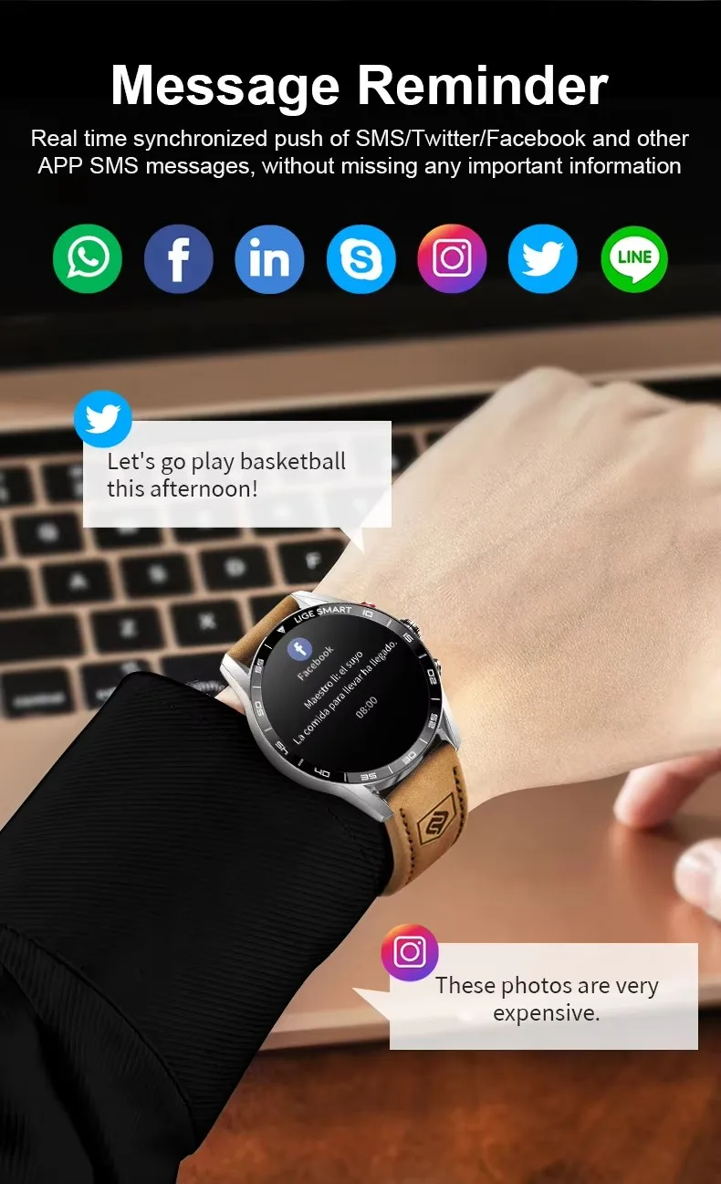 BW0408 Brown Genuine Leather Smart Watch Unisex IPS Display 1.32" IP67 Waterproof Fitness Tracker AI Voice Assistant Calendar - Image 3