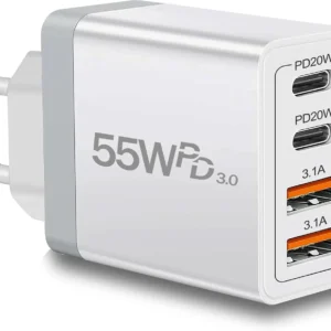 USB C Charger, 55 W Fast Charger 4 Ports Multiple Charger USB Plug, PD 3.0 Power Adapter USBC Power Supply for iPhone Samsung