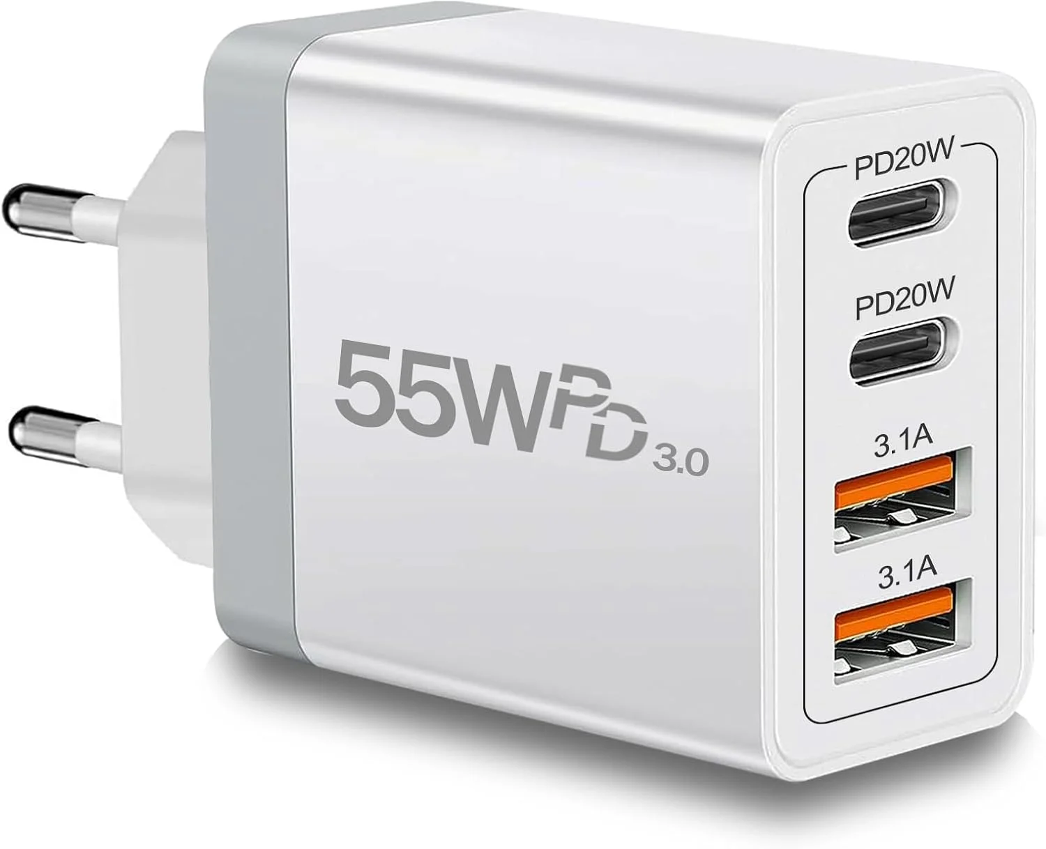 USB C Charger, 55 W Fast Charger 4 Ports Multiple Charger USB Plug, PD 3.0 Power Adapter USBC Power Supply for iPhone Samsung