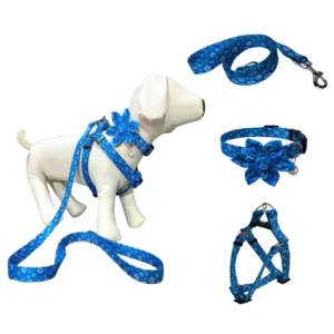New Floral Design Adjustable Pet Harness Set Blue Daisy Pattern Collar, Leash, and Harness for Small to Medium Dogs Pack of 100