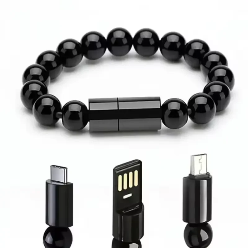 Portable USB Charging Cable Micro USB Type C L Bracelet Beads for iPhone Android Smartphones PVC Foil Compatible Earphones Pack of 10