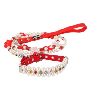 Luxury Pearl Pet Collar & Leash Set | Adjustable PU Leather Cat Dog Necklace with Rhinestones | Elegant Pet Jewelry 2026