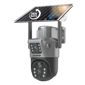 Rscamtom 4K Outdoor Solar CCTV Camera 2 Lenses Night Vision Human Detection Alarm Wifi Connectivity CMOS Memory Card Cloud