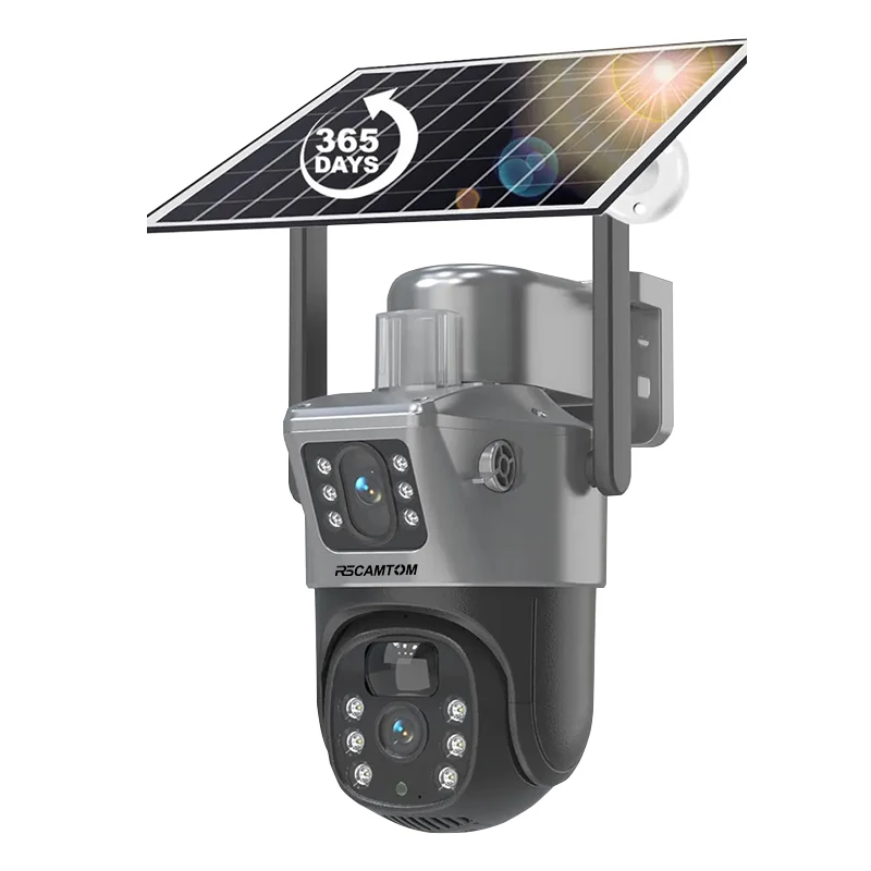 Rscamtom 4K Outdoor Solar CCTV Camera 2 Lenses Night Vision Human Detection Alarm Wifi Connectivity CMOS Memory Card Cloud