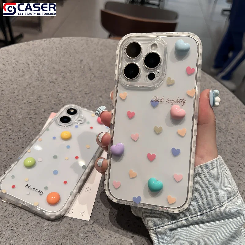 INS Cute Polka Dot Three-dimensional Rainbow love Heart Cell Phone Cover Fro iphone 16 15 14 Plus Pro Promax Pack of 10 - Image 2