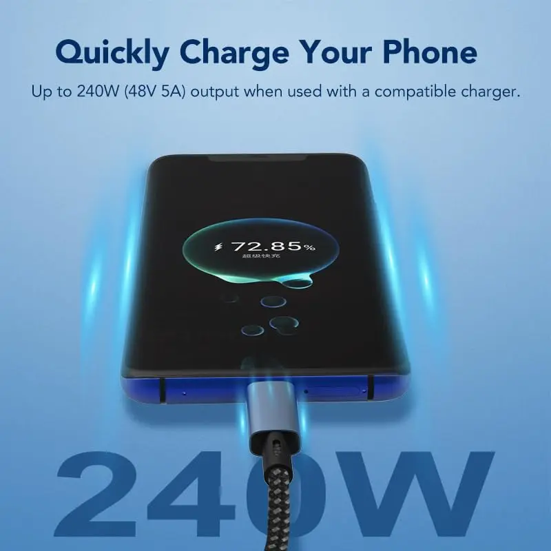 240W USB C to USB C Fast Charging Cable with LED Display Nylon Braided Type C Male to Male Cable Cord Pack of 50 - Image 4