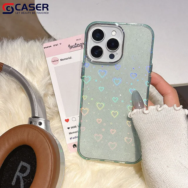 Laser Full-Coverage Love Motif Transparent Glitter Cute Girly Cell Phone Cases 13 14 15 16 Promax Plus for iphone 12 Pack of 10 - Image 3