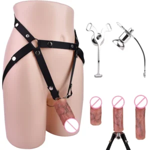 FRRK Urethral Realistic Silicone Dildo Black Chastity Belt Cock Cage Metal Penis Ring BDSM Sex Toy for Men Erect Denial Pleasure