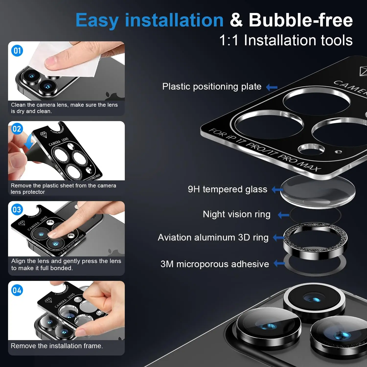 Shiny Lens Protector and 17 Air Easy Installation Glitter Camera Film Series Rear Camera for iPhone 17 Pro Max Pack of 50 - Image 4