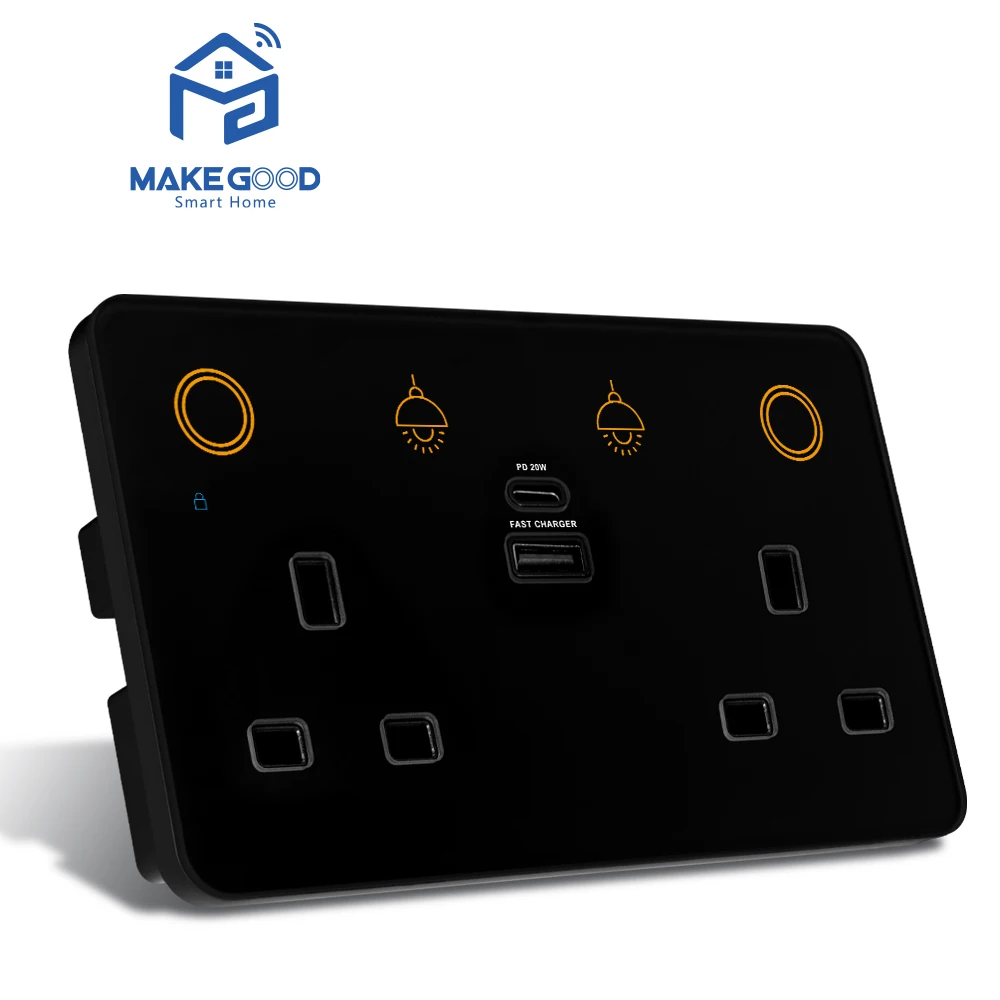 Modern Smart Home Products RGB Backlight Tuya Zigbee Smart 2Gang Light Switch Double UK Plug Wall Socket With USB Power Metering Pack of 5