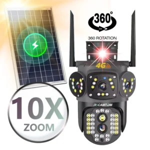 Rscamtom 6K HD V380 4G Solar Camera with Dual Lens Three Screens Night Vision 10X Zoom Motion Detection Alarm Two-Way Audio
