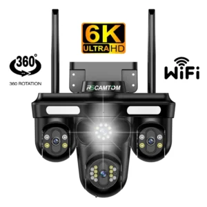 Rscamtom 6K Three Lens Outdoor Camera Security Customized Lighting Night Vision Full Color Human Detection 360 Wifi Camera